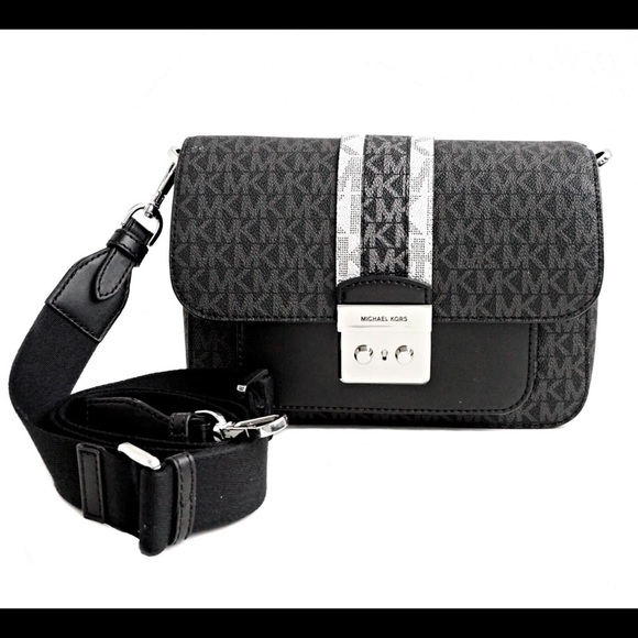 Michael Kors Sloan Editor Medium Flap Messenger Crossbody MK Logo Black White - Picture 5 of 6